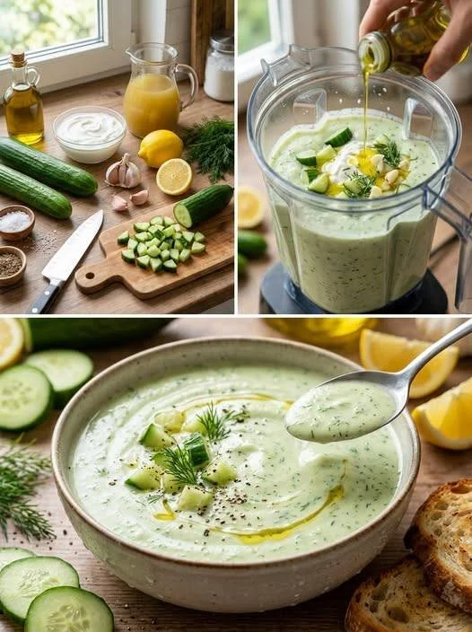Erfrischende Gurkenuppe mit Zitronen und Dill serviert in einer Schale