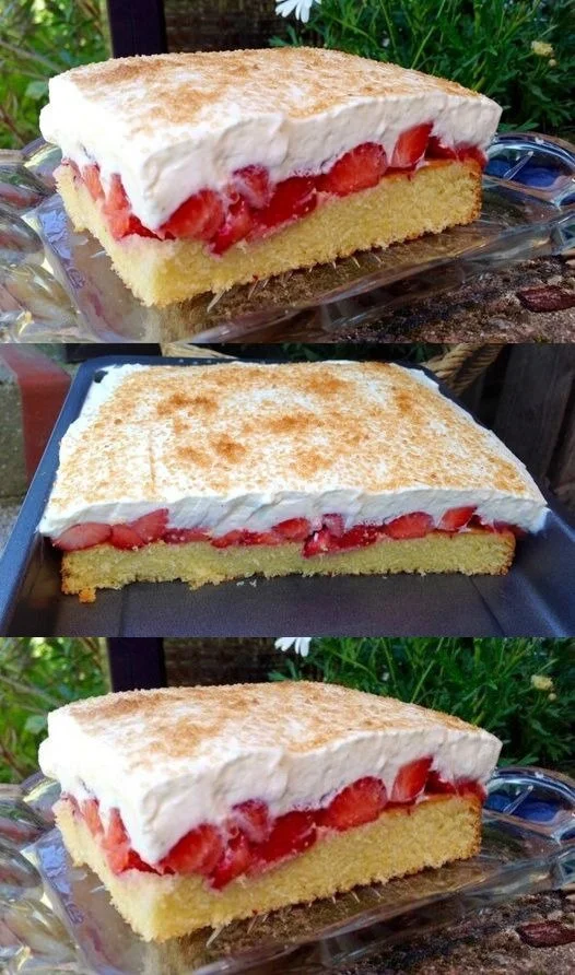 Fantakuchen mit Erdbeeren auf einem Teller serviert