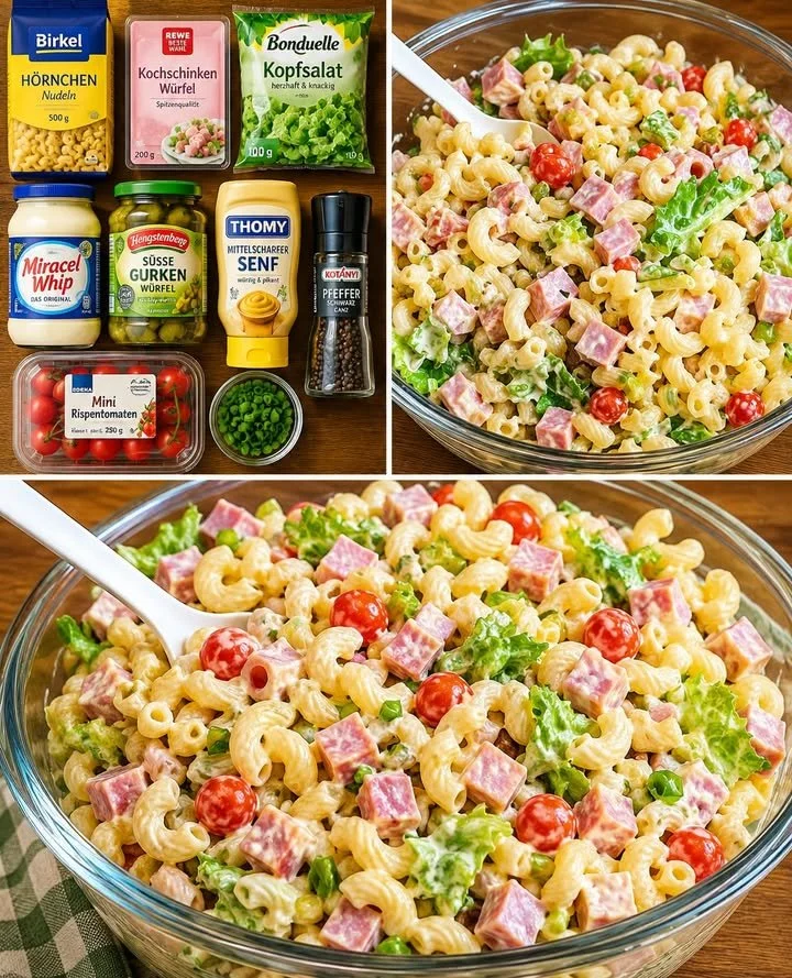 Fantastischer Nudelsalat mit Joghurt in einer bunten Schüssel
