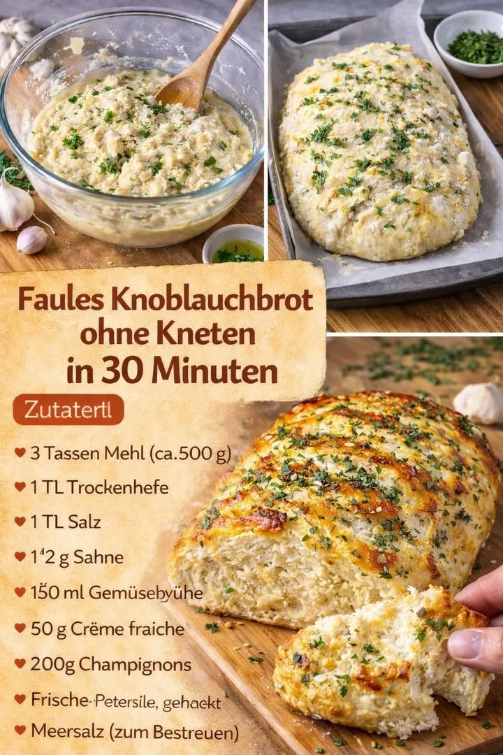 Faules Knoblauchbrot ohne Kneten, einfaches Rezept für köstliches Brot.