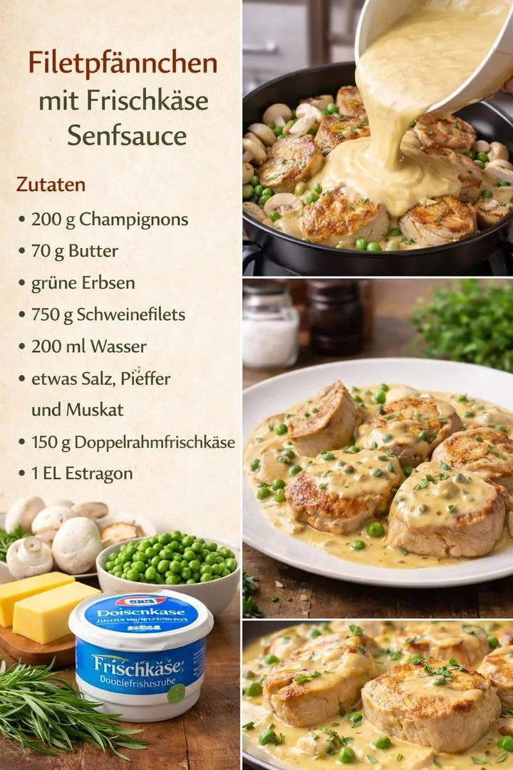 Filetpfännchen mit Frischkäse-Senfsauce auf einem Teller serviert