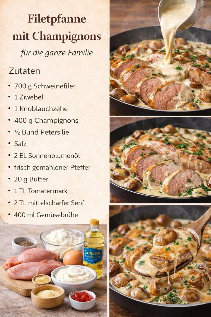 Filetpfanne mit Champignons und frischen Zutaten zubereitet