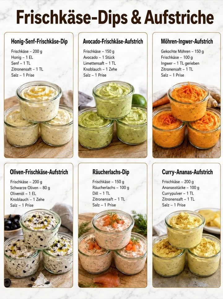 Vielfältige Frischkäse-Dips und Aufstriche auf einem Tisch präsentiert