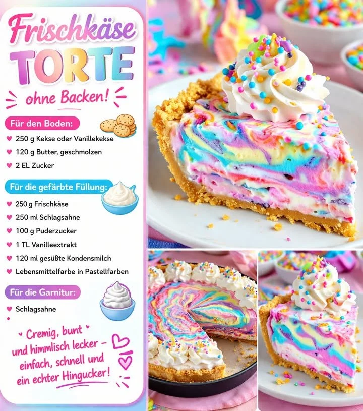 Leckere Frischkäse Torte ohne Backen auf einem weißen Teller