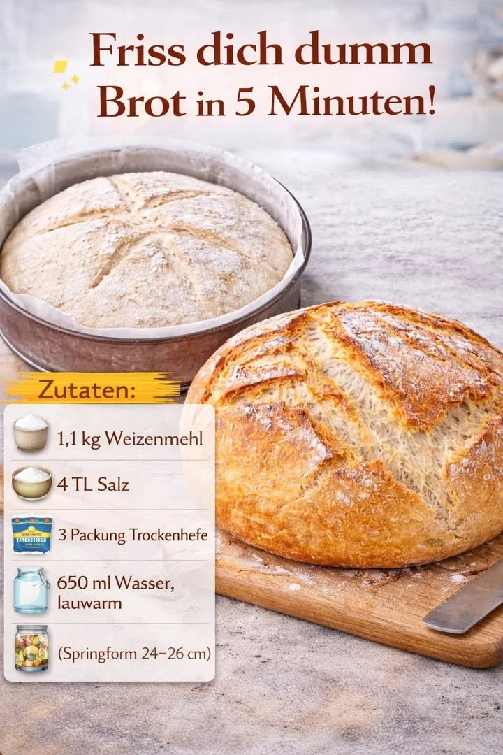 Schnelles Rezept für Friss dich dumm Brot, das in 5 Minuten zubereitet wird.