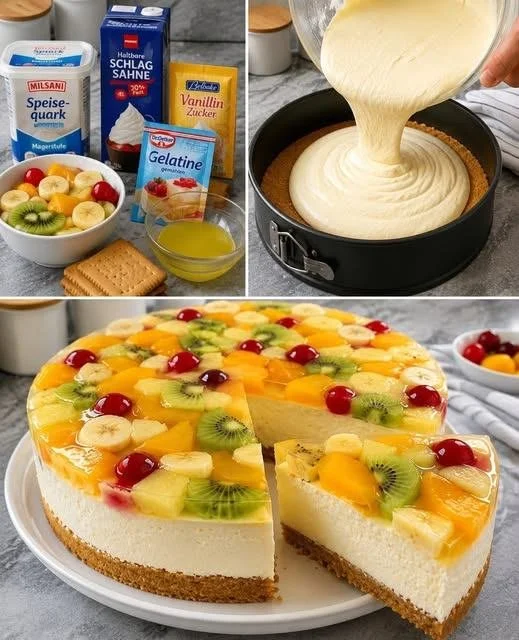 Fruchtige Quarktorte ohne Backen mit frischen Früchten und Quarkfüllung