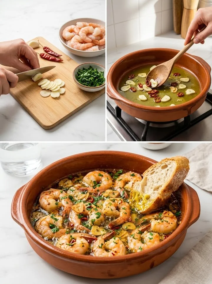 Gambas al Ajillo mit Garnelen und Knoblauch auf einem Teller serviert