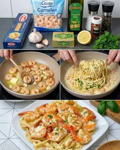 Garnelen-Spaghetti in cremiger Knoblauch-Frischkäsesauce auf einem Teller serviert