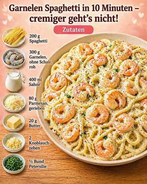 Garnelen Spaghetti in Knoblauch Frischkäse Sauce serviert auf einem Teller