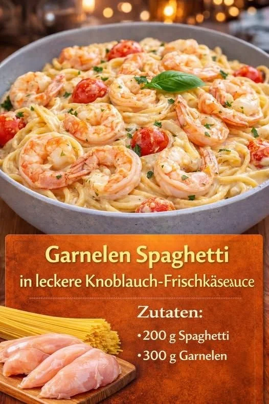Garnelen Spaghetti mit knoblauch-Frischkäsesoße auf einem Teller serviert