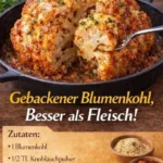 Gebackener Blumenkohl mit Gewürzen und Kräutern auf einem Teller angerichtet.