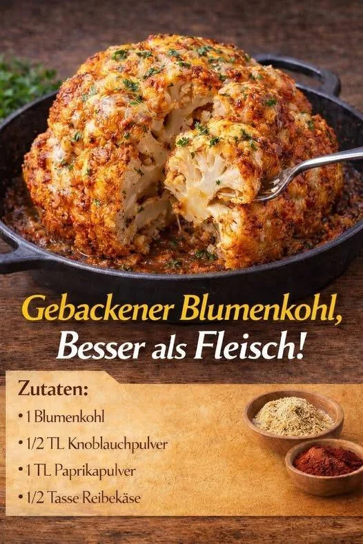 Gebackener Blumenkohl mit Gewürzen und Kräutern auf einem Teller angerichtet.