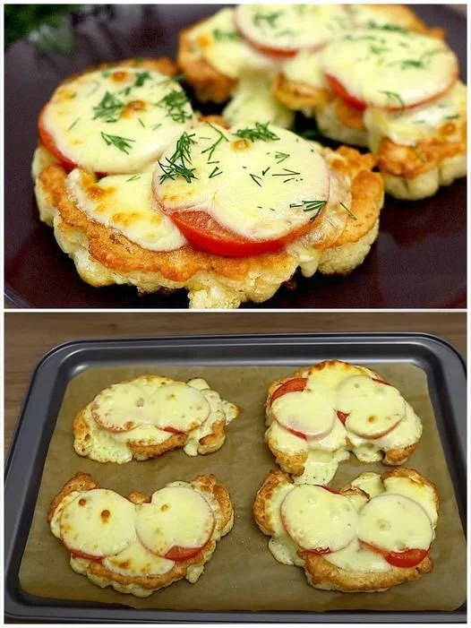 Gebackener Blumenkohl mit Tomaten und Mozzarella auf einem Teller serviert.