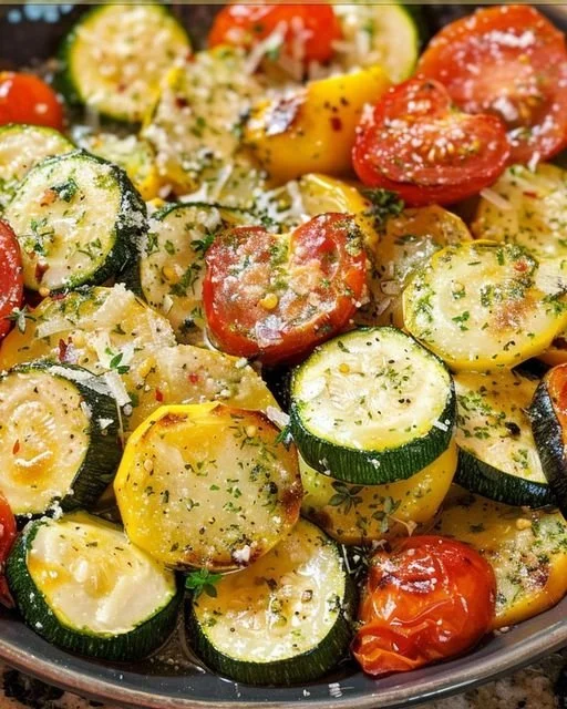 Gerösteter Knoblauch Parmesan Zucchini auf einem Teller