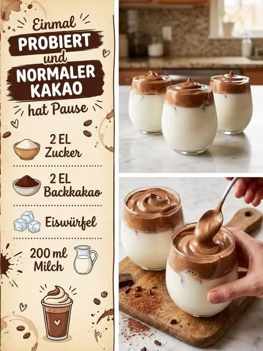 Geschlagener Eis-Kakao in einem Glas mit Sahne und Schokoladensirup