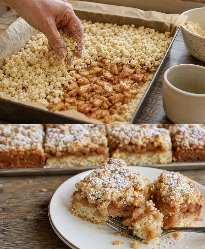 Gestreuter Apfel-Zimt-Kuchen mit goldbraunen Äpfeln und Zimt-Zucker-Topping