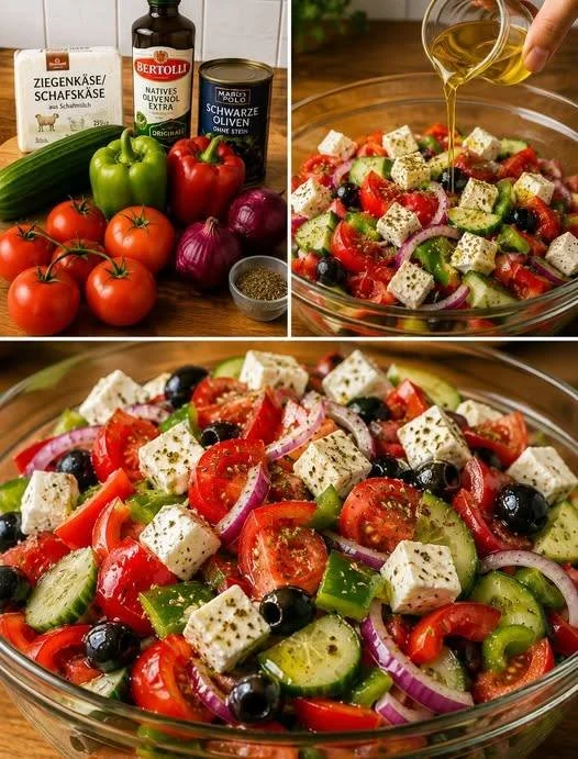 Frischer griechischer Bauernsalat mit Tomaten, Gurken und Feta