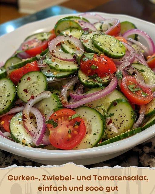 Gurkensalat mit Zwiebeln und Tomaten auf einem Teller serviert