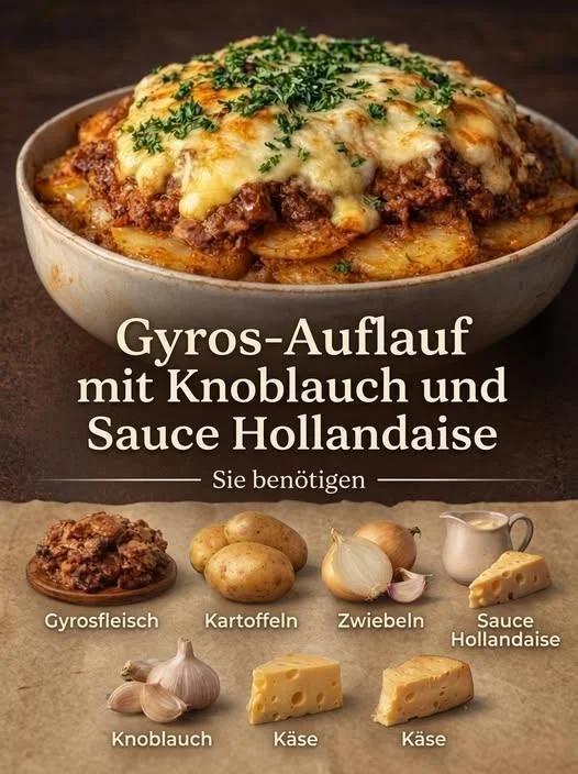 Gyros-Auflauf mit Knoblauch und Sauce Hollandaise auf einem Teller serviert