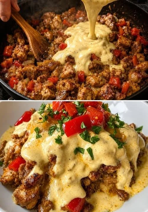 Gyros Knoblauchauflauf mit Sauce Hollandaise auf einem Teller serviert.