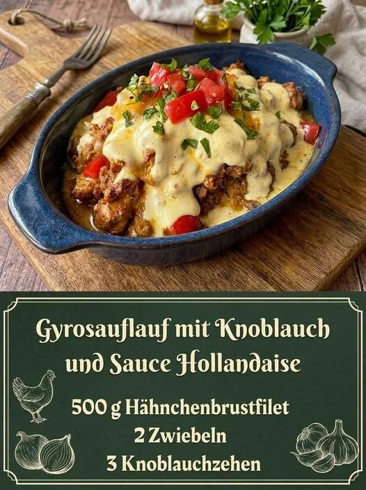 Leckerer Gyros-Nudelauflauf mit goldener Käsekruste auf einem Teller serviert.