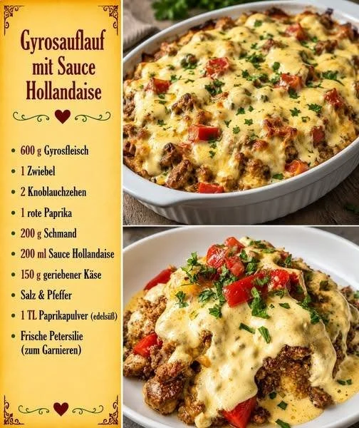 Gyrosauflauf mit Knoblauch und Sauce Hollandaise auf einem Teller serviert