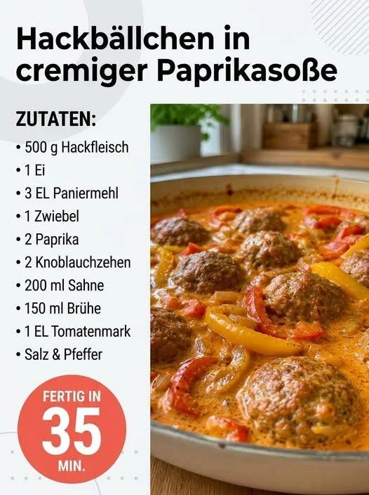 Hackbällchen serviert in einer cremigen Paprikasoße auf einem Teller.