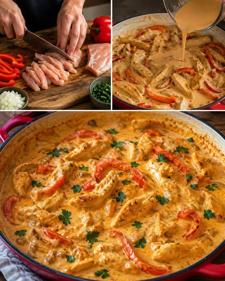 Hähnchen Stroganoff serviert mit frischen Kräutern und Beilagen.