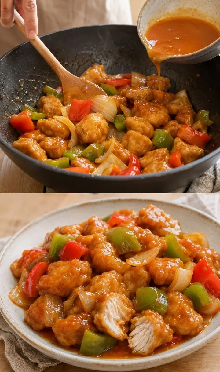 Leckeres Hähnchen süß-sauer mit frischem Gemüse und süßer Sauce