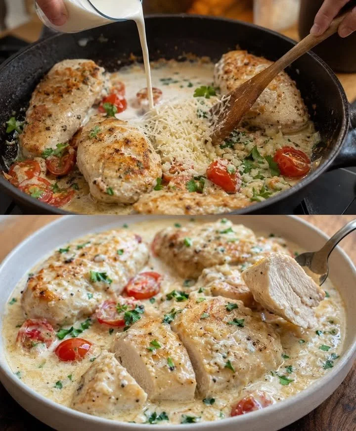 Hähnchenbrust in cremiger Knoblauch-Parmesansoße auf einem Teller serviert