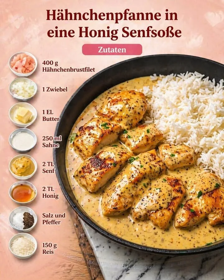 Hähnchenpfanne in Honig-Senfsoße mit Gemüse auf einem Teller