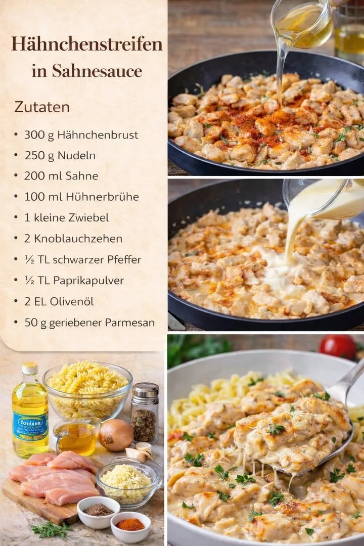 Hähnchenstreifen mit Nudeln in Sahnesauce auf einem Teller serviert