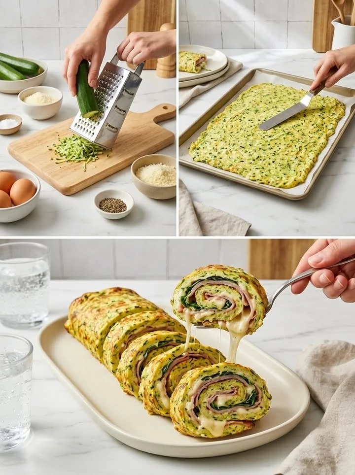 Herzhafte Low-Carb Zucchini-Ei-Rolle mit Schinken und Käse auf einem Teller
