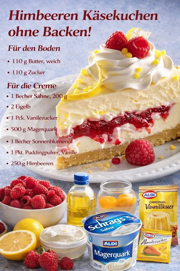Himbeer Käsekuchen mit Pudding ohne Backen auf einem Teller serviert