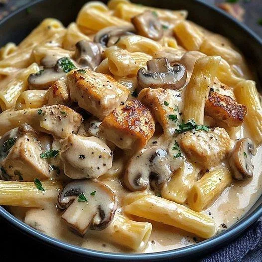 Hühnchen Nudelpfanne mit Champignons auf einem Teller serviert