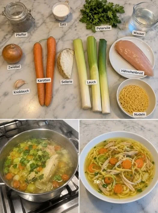 Eine wichtige Portion köstliche Hühnnersuppe mit Nudeln in einer Schüssel.
