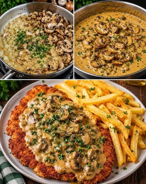 Jägerschnitzel mit Jägersauce auf einem Teller serviert