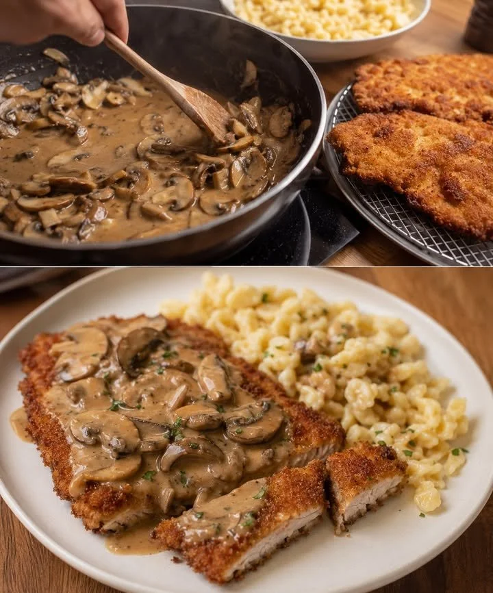 Leckeres Jägerschnitzel mit Spätzle auf einem Teller serviert.