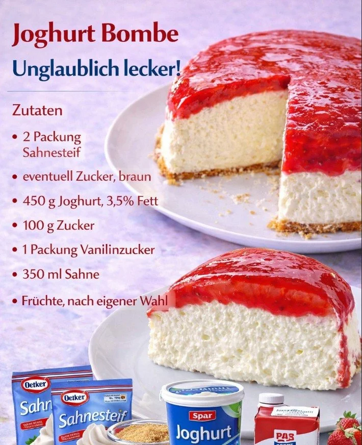 Einfache und leckere Joghurt Bombe mit frischen Früchten und Sahne.