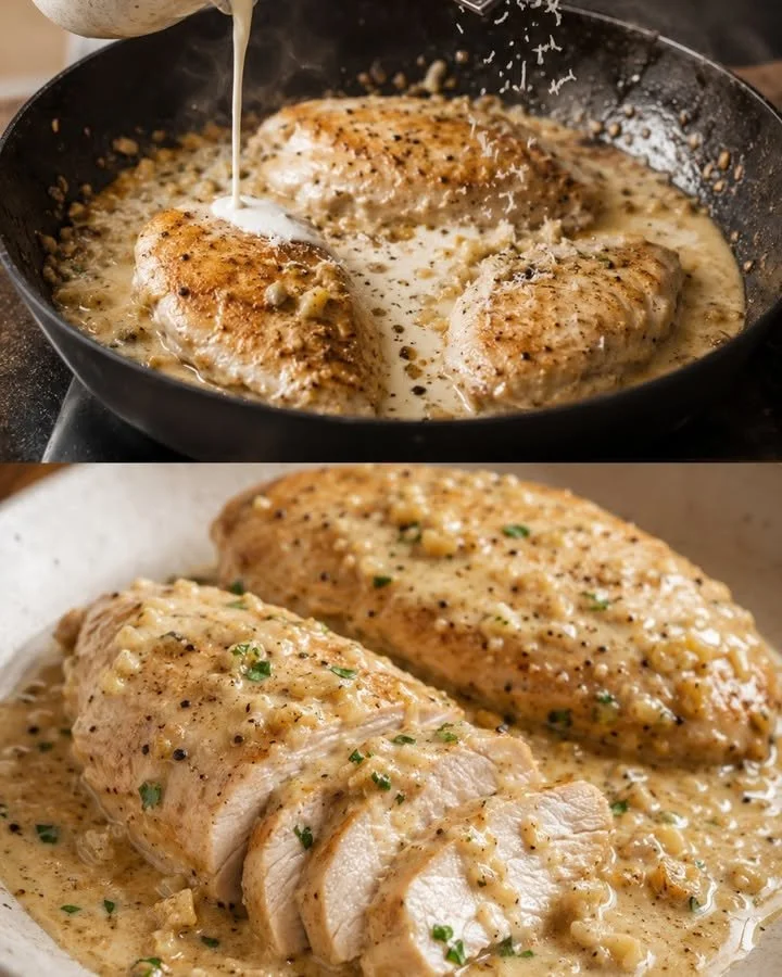 Hähnchenbrust in cremiger Knoblauch-Parmesansauce auf einem Teller serviert.