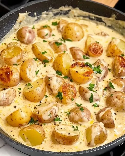 Kartoffeln in Knoblauch Sahnesauce serviert in einer Pfanne