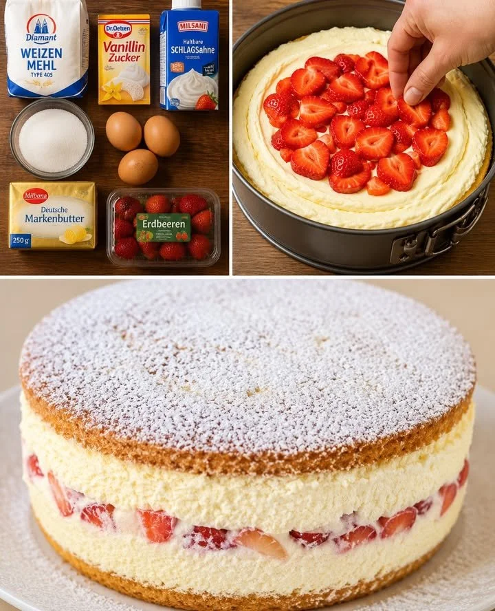 Käse-Sahne-Torte mit frischen Erdbeeren auf einem dekorativen Teller