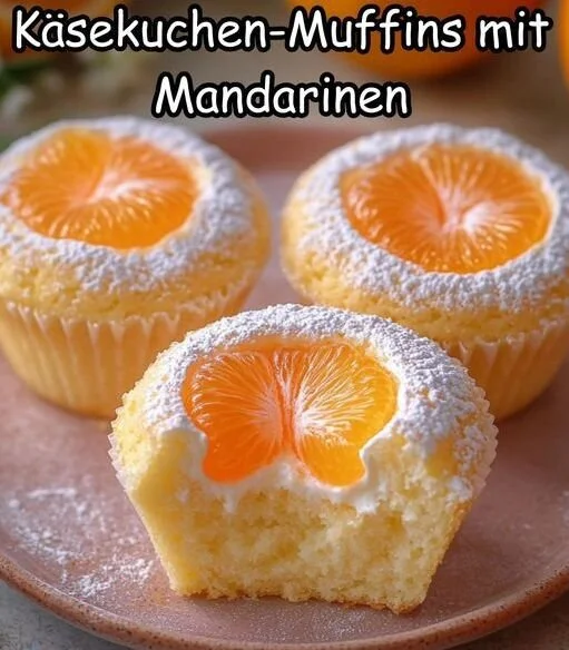 Käsekuchen Muffins mit Mandarinen auf einem Teller serviert.
