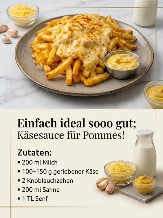 Käsesoße für Pommes in einer Schüssel mit frischen Pommes daneben