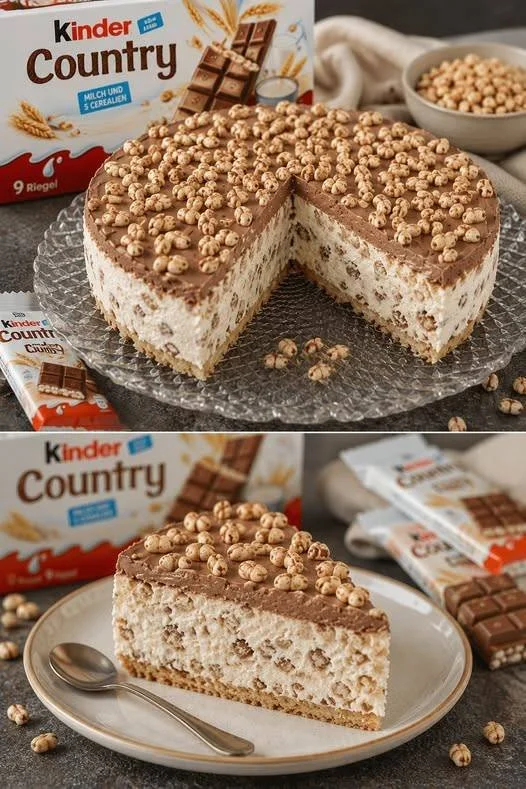 Leckere Kinder Country Torte mit Schokoladenschichten und knusprigem Keksboden.