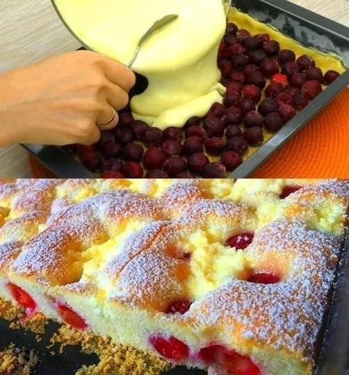 Schneller Kirschkuchen in 5 Minuten auf einem Teller serviert