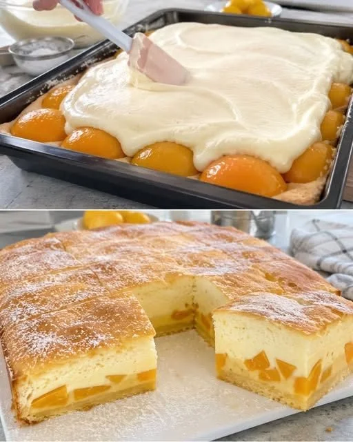 Klassischer Pfirsichkuchen mit frischen Pfirsichen und einer goldenen Kruste