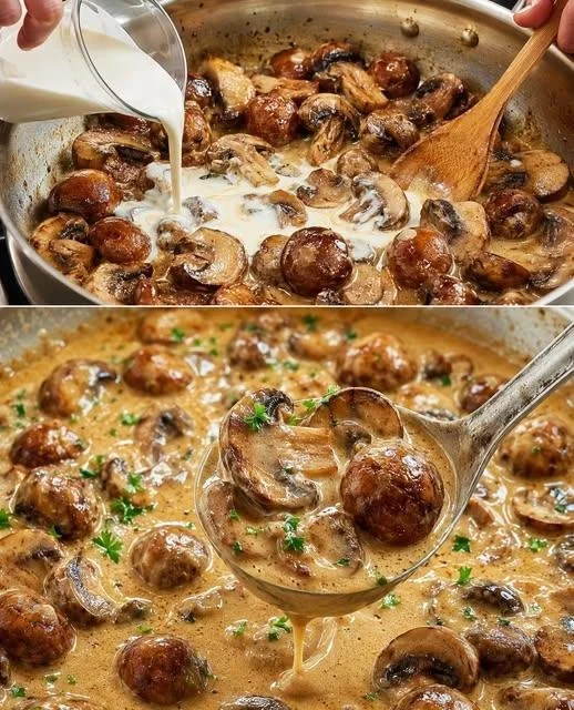 Knoblauch Champignons in einer leckeren Rahmsoße serviert in einer Schüssel