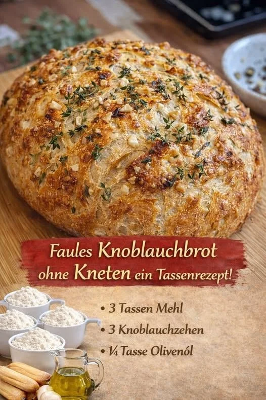 Knoblauchbrot ohne Kneten auf einem Holzbrett serviert