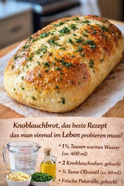 Knoblauchbrot ohne Kneten auf einem Holzbrett serviert